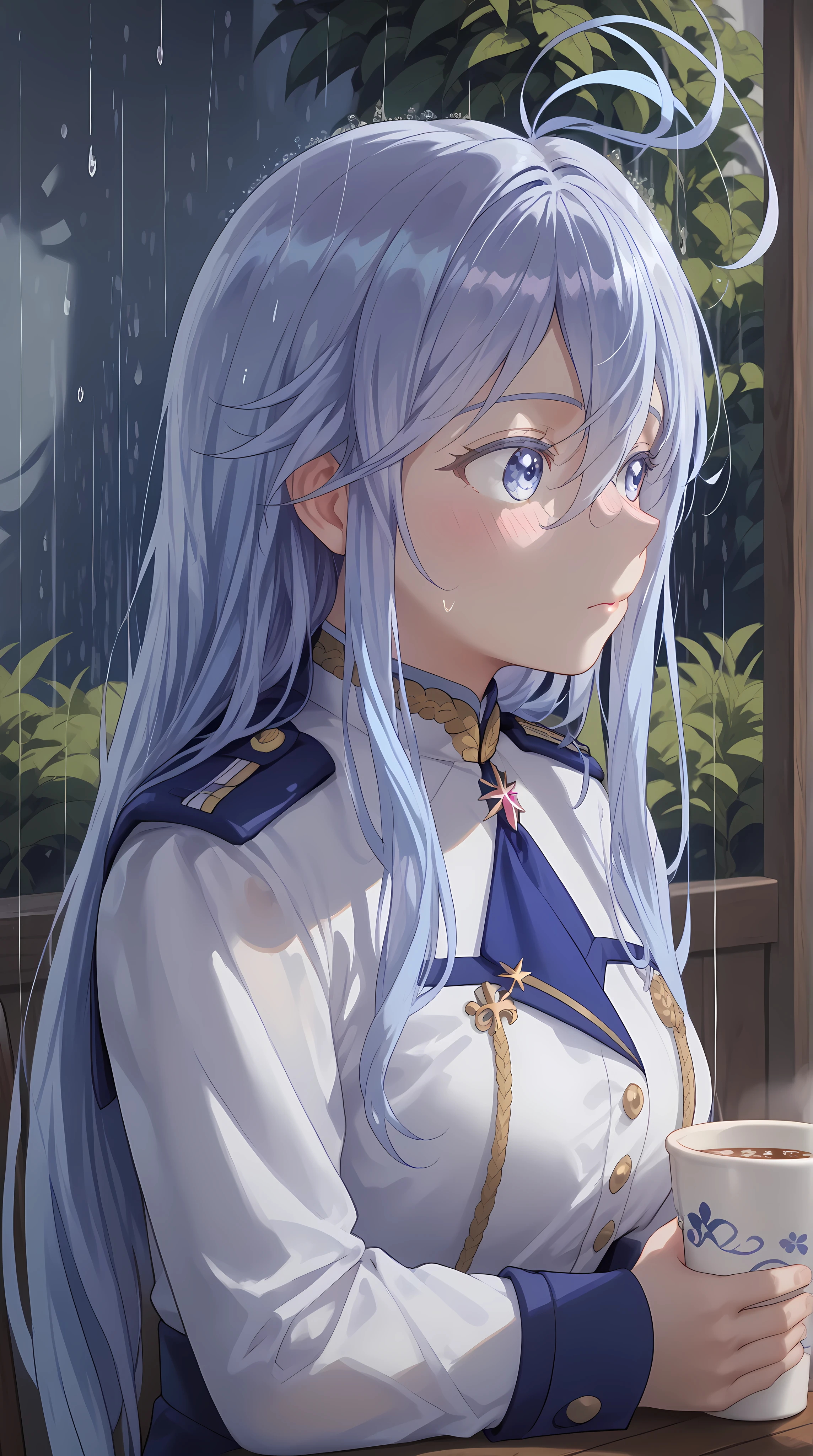 (Vladilena Milize), ((cute)), (Vladilena), light blue hair, blue eye, anime style, blue and white uniform, sitting in cafe, (looks away), close up, rainy, cup, shy, ahoge, tucking hair, shadow, under shadow, infront