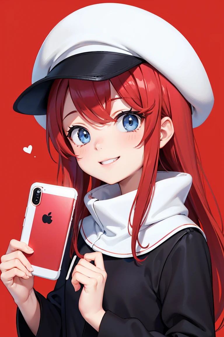  Airi Ban、Red Hair、 split bangs 、  blue eyes、smile、Black clothes、white squishy hat、mobile phone