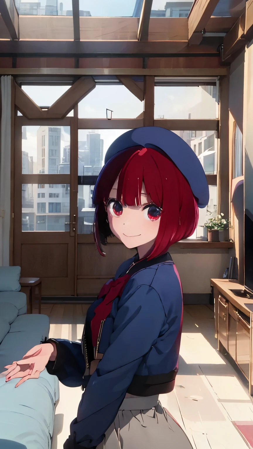   Masterpiece ,  best quality,  high definition , aaNone at all,  shorthair, beret, red eyes,  blue head ornaments,  red ribbon ,  colored shirt ,  blue jacket ,  open jacket ,  Long Sleeve ,  gray skirt in the middle of the city,
smile, indoor,  living room, Sofa