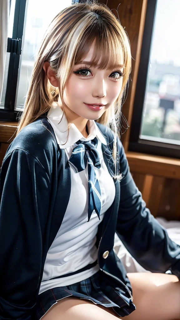 (8k, highest quality, Pieces fly:1.2)、Ultra-high resolution、anime,1 very pretty girl,Asuka Langley,Highly detailed face, Fine grain,blue eyes,,White sailor collar plain short sleeve shirt,Light blue skirt,Light Blue Suspenders,uniform_Red ribbon,Orange Hair,Long Hair、Detailed hand and fingers,put your hands in your hair,Grin、sitting on desk,Shooting from above,classroom