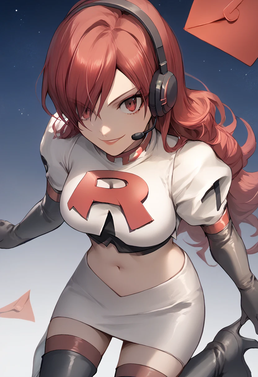 Team rocket, team rocket uniform, red letter R, white skirt,white crop top,black thigh-high boots, black elbow gloves, evil smile, night sky background, headset, large breasts, high-heeled boots, Mitsuru Kirijo, red hair, hair over one eye