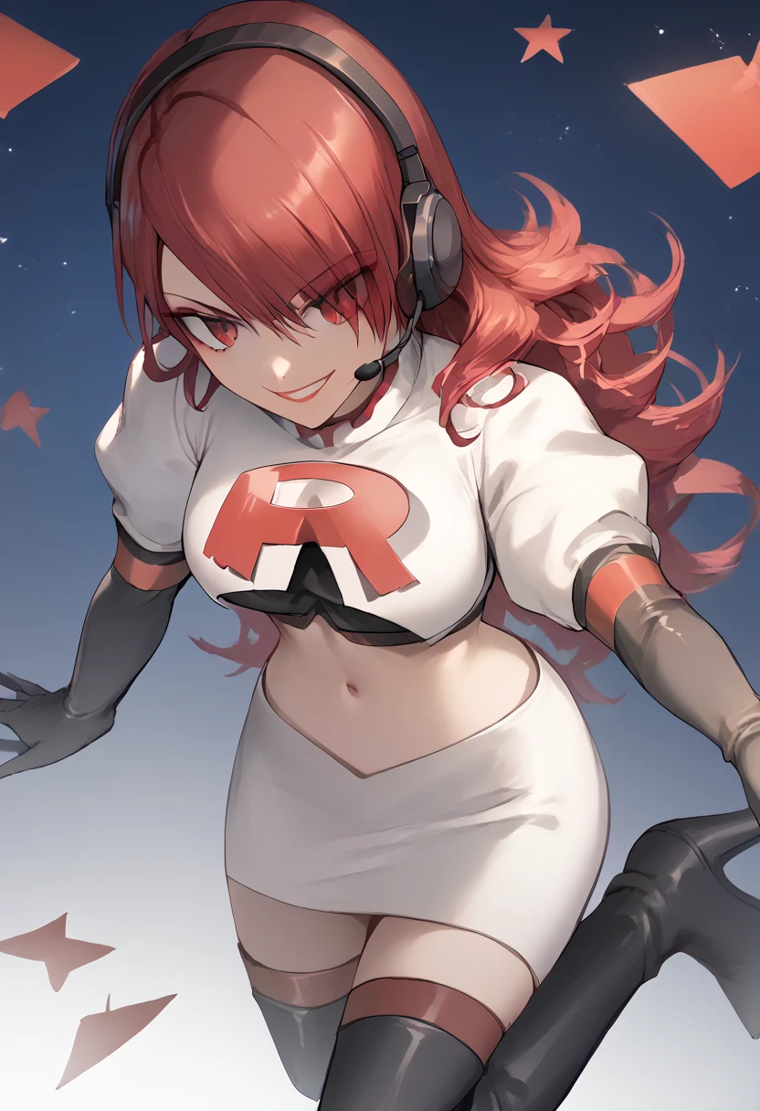 Team rocket, team rocket uniform, red letter R, white skirt,white crop top,black thigh-high boots, black elbow gloves, evil smile, night sky background, headset, large breasts, high-heeled boots, Mitsuru Kirijo, red hair, hair over one eye