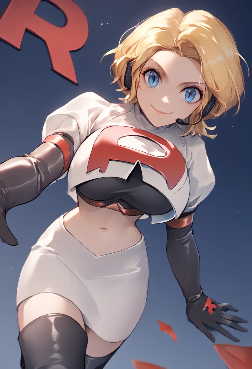 Team rocket, team rocket uniform, red letter R, white skirt,white crop top,black thigh-high boots, black elbow gloves, evil smile, night sky background, headset, large breasts, high-heeled boots, Aigis, blonde hair