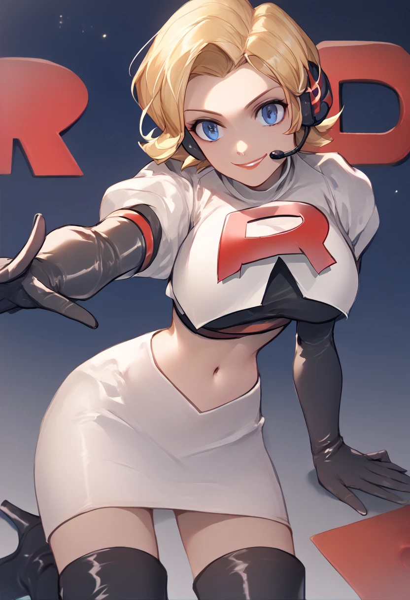 Team rocket, team rocket uniform, red letter R, white skirt,white crop top,black thigh-high boots, black elbow gloves, evil smile, night sky background, headset, large breasts, high-heeled boots, Aigis, blonde hair