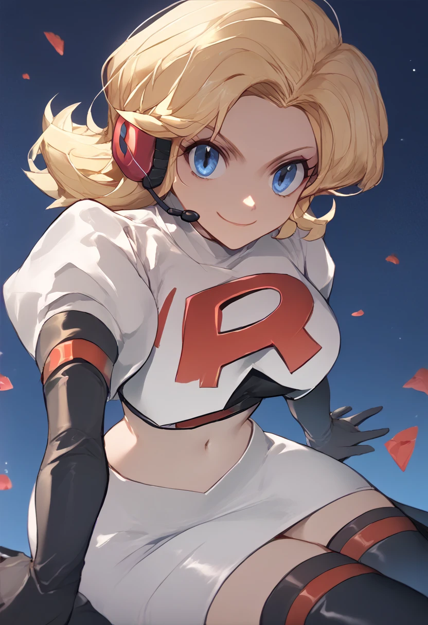 Team rocket, team rocket uniform, red letter R, white skirt,white crop top,black thigh-high boots, black elbow gloves, evil smile, night sky background, headset, large breasts, high-heeled boots, Aigis, blonde hair