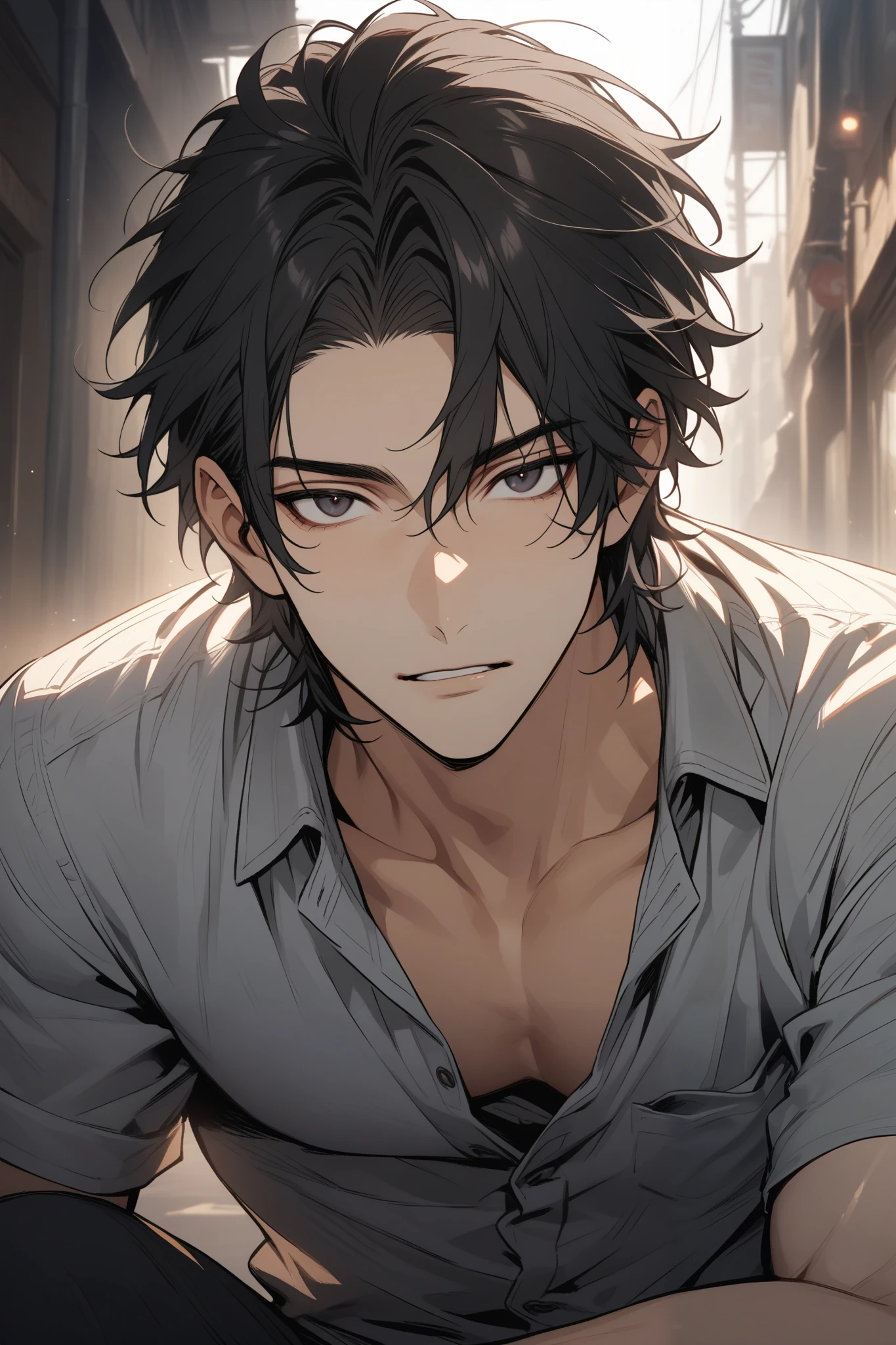 Man, handsome, short black hair, dark eyes, shirt