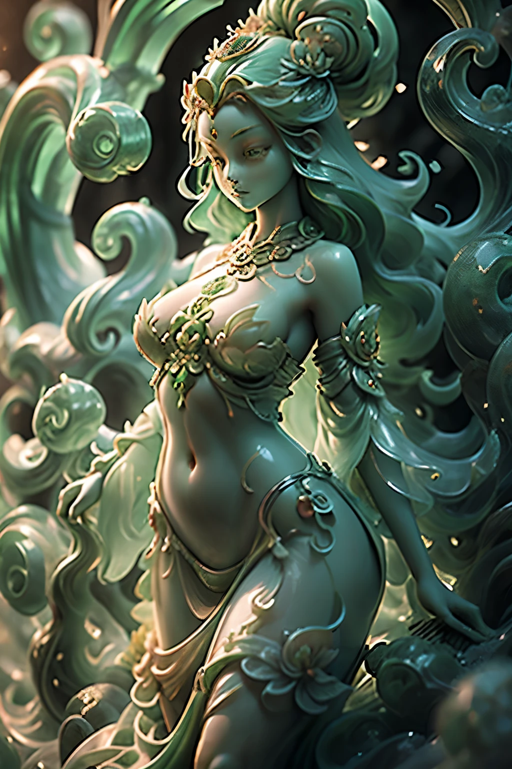 medusa with snakes on her head in a garden with statues, naked with a loose furcoat, beautiful face, earrings, 