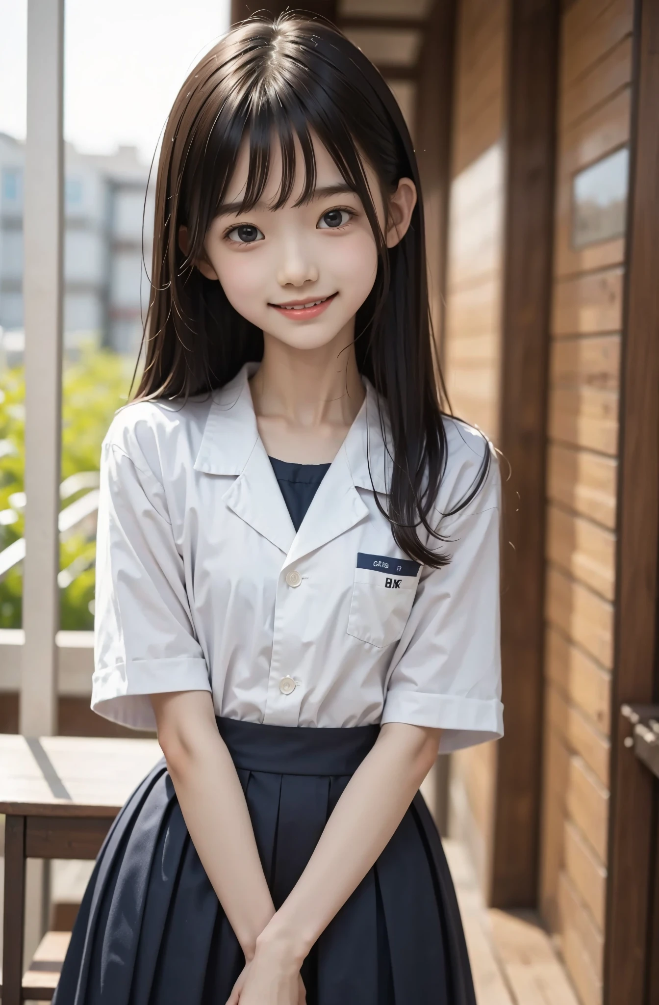 (top-quality、8K、32K、)、Photo of an attractive Japanese schoolgirl、student clothes、open white shirt、Blue miniskirt、with long coiled hair、Brown hair、Cute little turtle、A beautyful girl、（plumw）、In the classroom of the school、Skin soaked with sweat、tall、Hefty Smile，Bare legged，Wear small white shoes