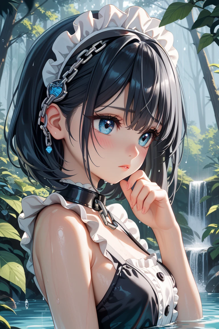 (Top quality), 4K, high resolution, (Blue eyes, light shining into the eyes), (Deserted forest), (Heavy rain), (Lots of clear water droplets), Sad, alone, ((The viewer sees her whole body from the side)), (Perfect fingers), (Light from the front), ((Cute black maid outfit)), (Silver iron chains), (Cute female junior high school student soaking wet with a fleeting and sad expression), (Fair skin), (Soaking wet, slightly long black hair), (Raindrops dripping from hair), Very sheer maid-style hair accessory, Depth of field