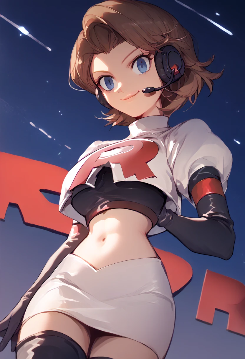 Team rocket, team rocket uniform, red letter R, white skirt,white crop top,black thigh-high boots, black elbow gloves, evil smile, night sky background, headset, large breasts, high-heeled boots, Yukari Takeba, brown hair