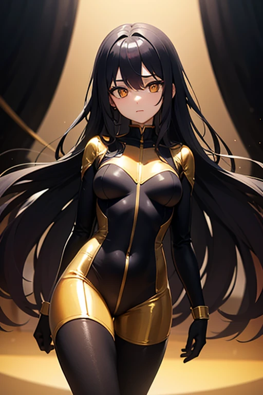 ((1 girl)), solo, black hair, extremely long hair, yellow eyes, (angry), pale skin, ((((muscular)))), ((thick thighs)), ((huge breasts)), (((black and golden body suit))), ((wide hips)), (shiny skin), close up, dark atmosphere, shadow, glowing aura