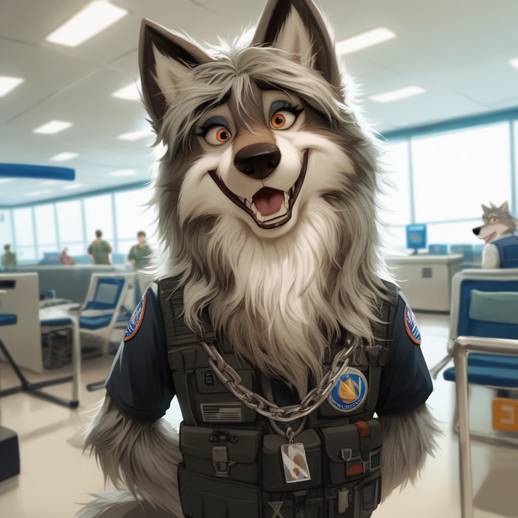 score_9, score_8_up, score_7_up, score_6_up,  adult, Anthropomorphic, wolf, black airport security shirt, harness, airport cargo room, Chain collar,long haired, wavy hair, Disney art style, human body, safety gear, tactical uniform, reflective Stripes, facial hair, barking in the airport cargo room, female furry wolf, long slender snout, mouth open, long wavy hair, extra long fluff, barking animations, no humans 