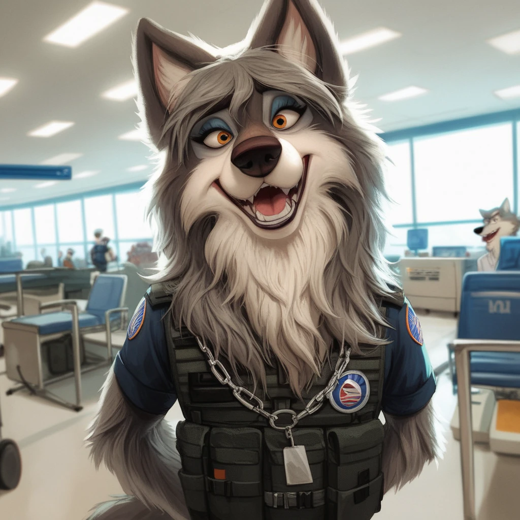 score_9, score_8_up, score_7_up, score_6_up,  adult, Anthropomorphic, wolf, black airport security shirt, harness, airport cargo room, Chain collar,long haired, wavy hair, Disney art style, human body, safety gear, tactical uniform, reflective Stripes, facial hair, barking in the airport cargo room, female furry wolf, long slender snout, mouth open, long wavy hair, extra long fluff, barking animations, no humans 