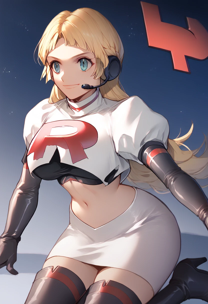 Team rocket, team rocket uniform, red letter R, white skirt,white crop top,black thigh-high boots, black elbow gloves, evil smile, night sky background, headset, large breasts, high-heeled boots, Ingrid Brandl Galatea, blond hair