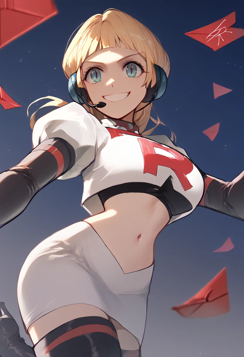 Team rocket, team rocket uniform, red letter R, white skirt,white crop top,black thigh-high boots, black elbow gloves, evil smile, night sky background, headset, large breasts, high-heeled boots, Ingrid Brandl Galatea, blond hair