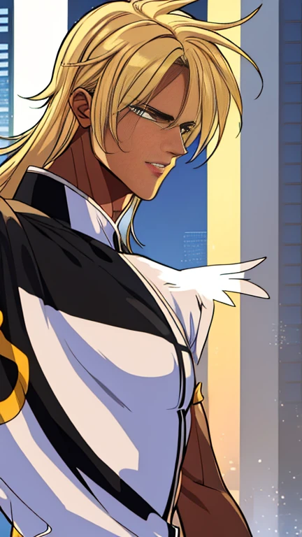 (    best quality ), (    best quality ), (Overall view), Beautifully built superhero, hero costume, handsome and cool young man,  Slim and Thin , with a brown skin, blonde hair, light and frivolous.,Black and white, detailed eyes, detailed hair, detailed clothes, smooth line art, high quality