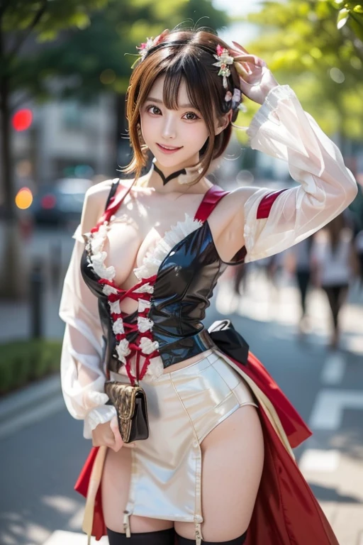 Japanese model woman in costume is posing for a photo shoot,anime  cosplay, anime girl  cosplay,  cosplay, professional  cosplay, looking at the camera,Detailed and beautiful eyes、 cute smile、 soft and gentle expression 