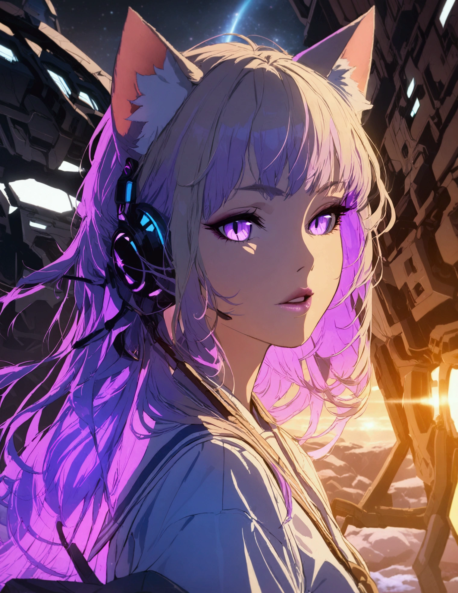 1girl, cat girl, purple and beige long hair, full body, school uniform, cosmic background, detailed face, beautiful detailed eyes, amethyst eyes, slit pupils, beautiful detailed lips, extremely detailed facial features, longeyelashes, best quality,4k,8k,highres,masterpiece:1.2,ultra-detailed, cinematic lighting, dramatic lighting, sci-fi, concept art