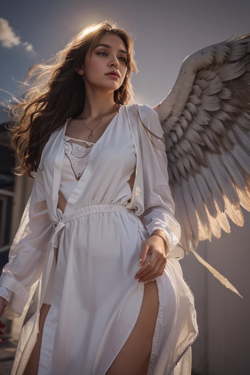 A biblical archangel, of the Christian religion, as christianity dictates, in front position, on a white background looking towards me spreading its 4 wings, erect and facing me, with clothes similar to those of Jesus Christ, with clothing similar to those worn in the era of Jesus