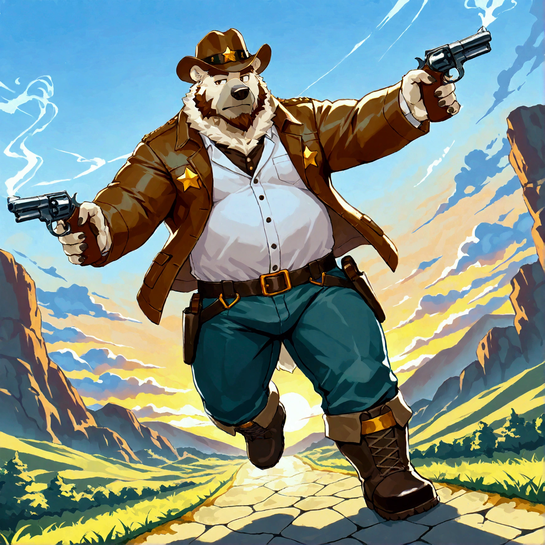 character focus, full body, looking away, dynamic angle, sheriff's, a musclegut middle-aged clothing western bear man, sheriff's hat, pistol, revolver holster, costume, jacket, shirt, half pants, boots, rushing wind, gun duel, dynamic pose, BREAK full body in Michelangelo Buonarroti style, housamo style, digital illustration anime, detailed painting landscape, evening sun, western village, path, a tumbleweed rolling across a desert landscape, full color, HDR, BREAK complete anatomy, perfect proportions, beautiful thigh gap, fluffy body, intricate fur details, beautiful fur texture, BREAK detailed bear 1tail, detailed boots, beautiful foot, detailed hands, 5fingers, 5fingers nails, BREAK aesthetic anime face, insanity detailed face, male face, big face, square jawline, aesthetic anime eyes, detailed brown eyes, detailed brown cornea, detailed dark brown irises, detailed pupils, male eyes, big eyes, male eyebrows, innocent look, beautiful beard, BREAK masterpiece, official art, best quality, very aesthetic, absurdres, super fine illustration, great quality, BREAK noise reduction, very highres, large filesize, high quality, 32K, 8k wallpaper, dynamic lighting, BREAK insanity detailed, ultra detailed, intricate details, extremely detailed, detailed texture, an extremely delicate and beautiful, full color, HDR, BREAK e621 illustration, osukemo, kemohomo, anthropomorphic, furry, cartoon, harmonious eyes, pastoral face, virtuous body, western atmosphere 