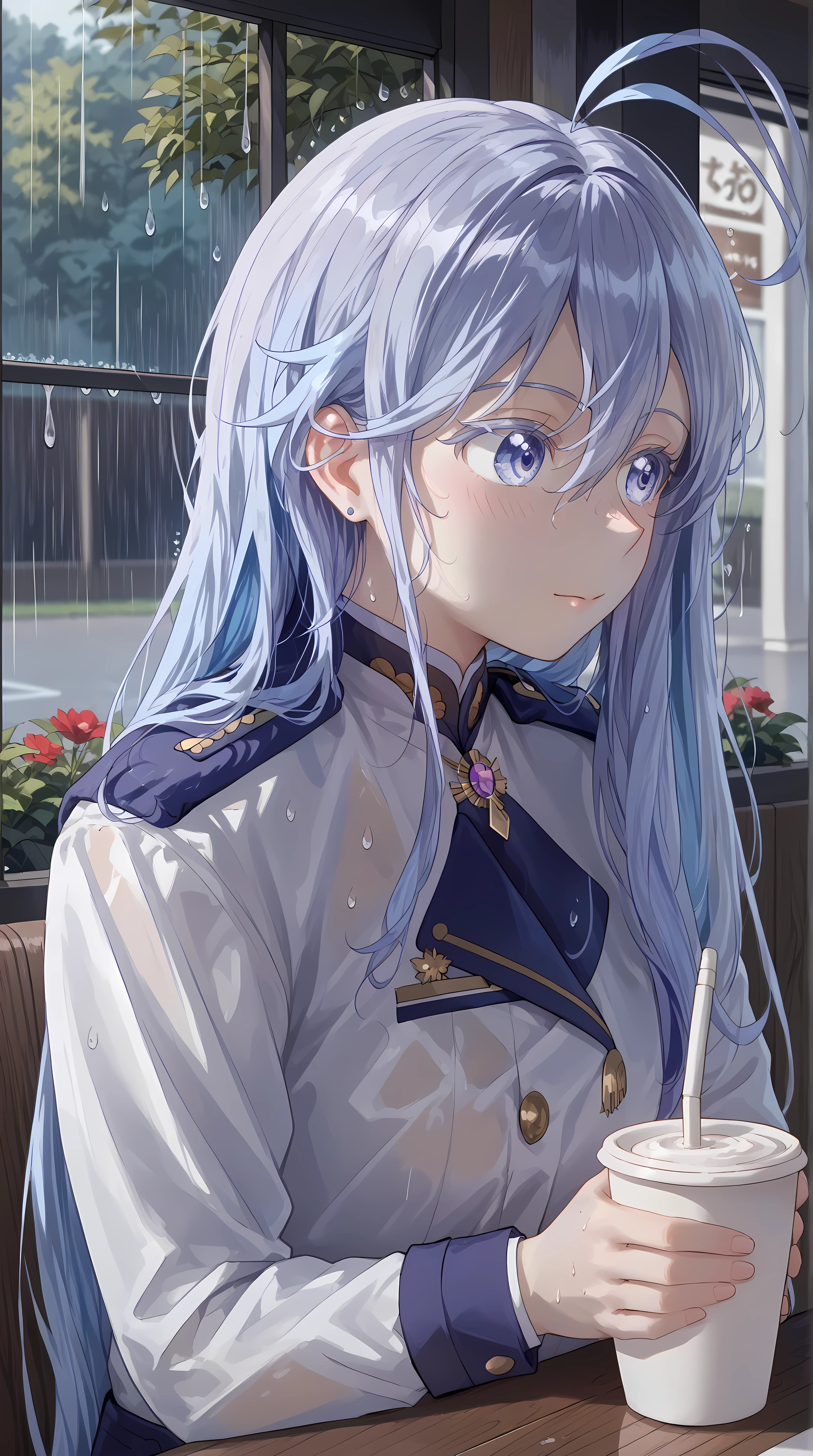 (Vladilena Milize), ((cute)), (Vladilena), light blue hair, blue eye, anime style, blue and white uniform, sitting in cafe, (looks away), close up, rainy, holding a cup, ahoge, gloomily, tucking hair