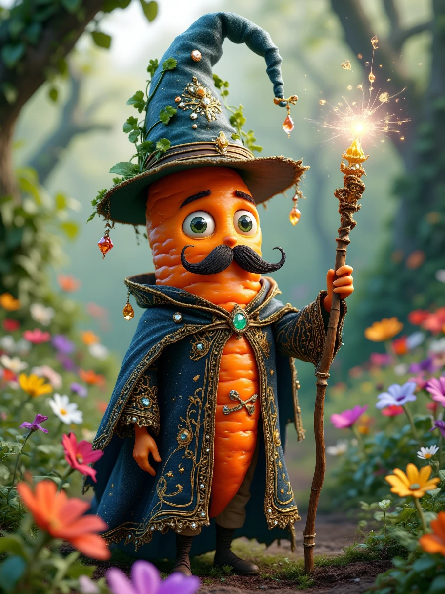 Extra Long Shot, a carrot magician with humanoid features, standing in a mystical magical garden. He wears an elaborate magician's outfit, a tall pointed hat, and a robe embroidered with arcane symbols. He has a playful mustache and his eyes gleam with intelligence. He holds a jeweled magic wand, radiating magical light. The garden background is filled with vibrant, blooming flowers bathed in a soft, magical glow, creating a whimsical, floral atmosphere. The detailed texture of the carrot, the intricate leaves, and the fantastical colors give the character a charming and distinct personality. Realistic, photographic, blind box, Disney, 3D render, C4D, Octane renderer, full body