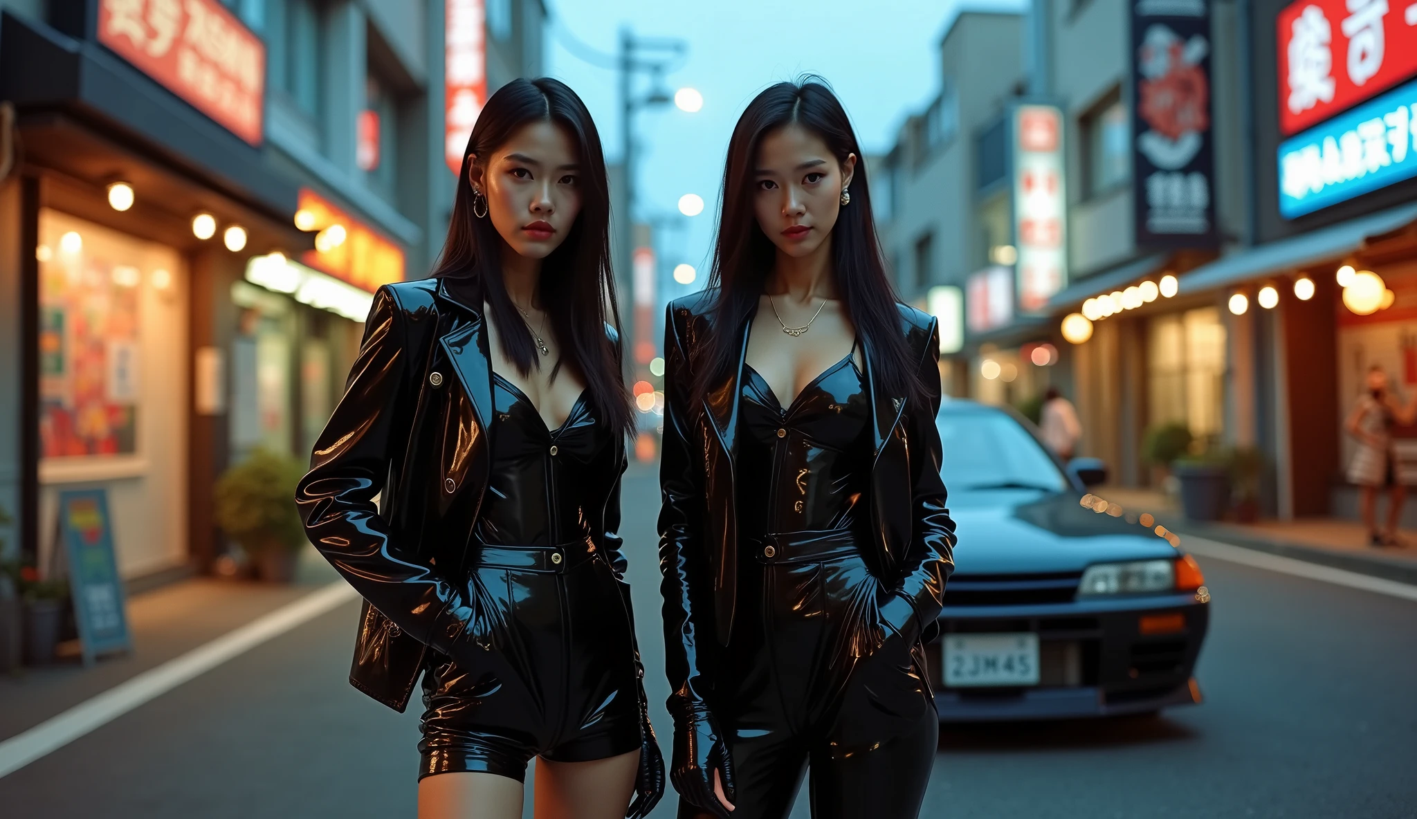 two stunning girl, wearing a black leather skirt posing for a picture, summer, asian women, (((medium bust))), beauty campaign, asian features, 🤬 🤮 💕 🎀, photoshoot, korean women's fashion model, magazine photo, high fashion photoshoot, asian descent, high - end fashion photoshoot, photoshoot for skincare brand, high-fashion photoshoot, 2 0 2 0 fashion, portrait shot, photo shoot, black hair, night street background, black hair, relationship graph, outside border, three sided view, from outside, modern, modern, modern, relationship graph, outside border, three sided view, from outside, modern, modern, high quality, high details, best quality, long_hair, looks into the camera, gorgeous, hot girl