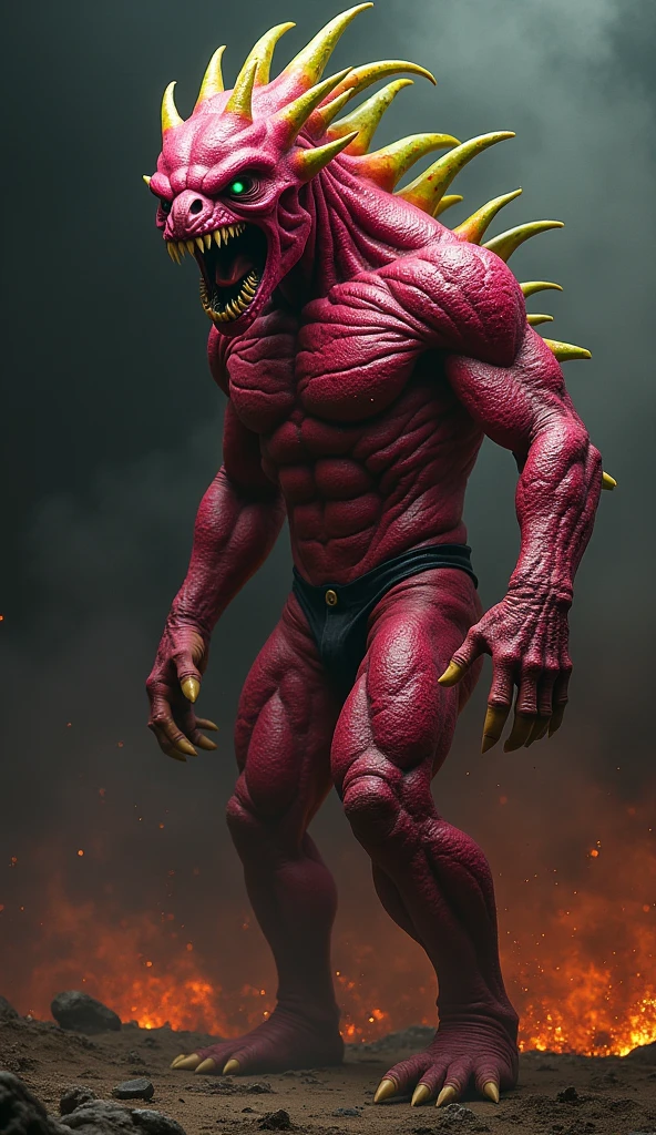 Big monster in full dy light standing on cars garbage with red eyes