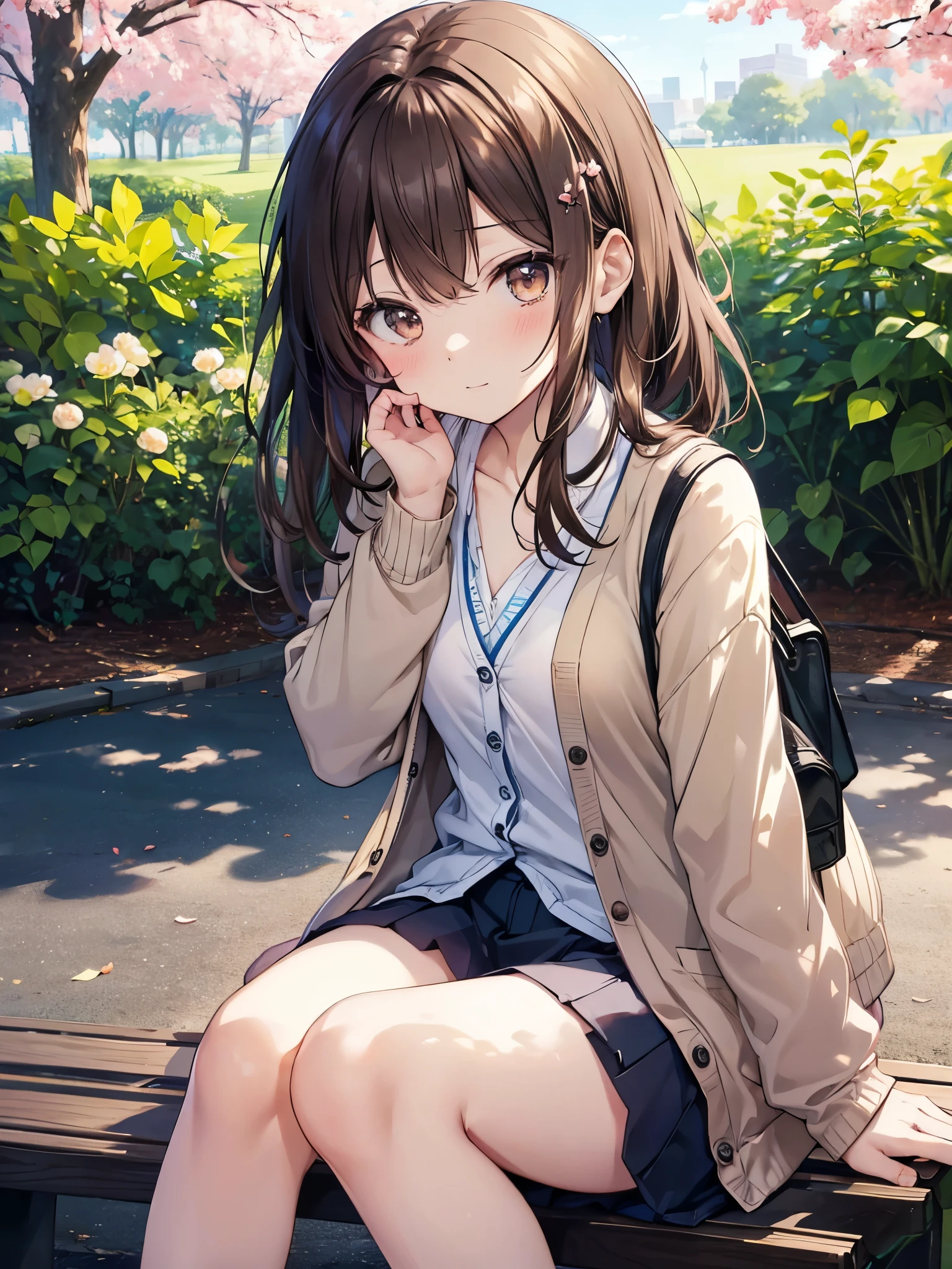 (table top), (highest quality), (super detailed), 1 girl, sexy pose, blush, ((open casual cardigan:1.2)), Happy, looking at the viewer, big hair, brown hair, wood々in a park with,bench, shy ,sitting on the ground, ((alone)) ,anxiety, blush, Naughty,from below,Because I&#39;m slender,(shiny skin, wet skin:0.8), sweating, Rain,~ side, from the front, From above,Been wet here for a long time, ((show off panties)), ((show off bra)), ((MNI Skirt)),