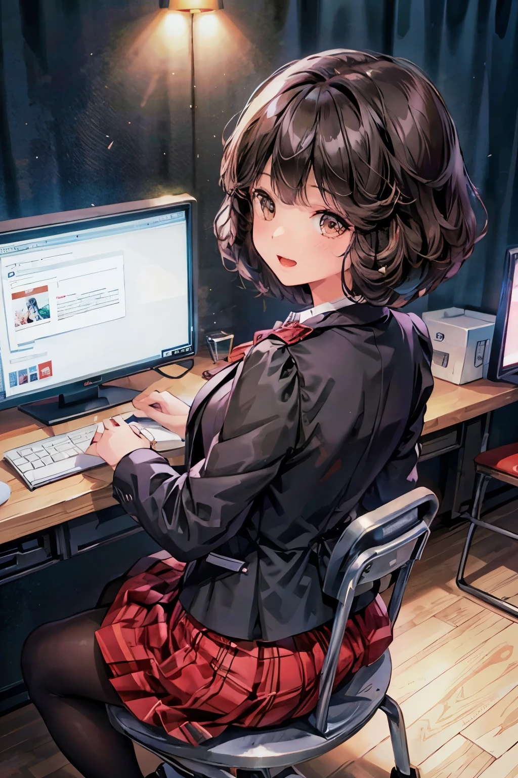 katoumegumi, megumi katou, brown hair, short hair, (brown eyes:1.5),happy smile, smile, open your mouth,OL, red glasses, end, black suit jacket, collared jacket, white dress shirt, collared shirt, neckline, button, strap, ID card on neck, black pencil skirt, black pantyhose,stiletto heels,sitting cross-legged on a chair,There is a computer on the desk,touch typing,インテリア
break looking at viewer,(cowboy shot:1. 5)
break indoors, office,
break (masterpiece:1.2), highest quality, High resolution, unity 8k wallpaper, (shape:0.8), (fine and beautiful eyes:1.6), highly detailed face, perfect lighting, Very detailed CG, (perfect hands, perfect anatomy),