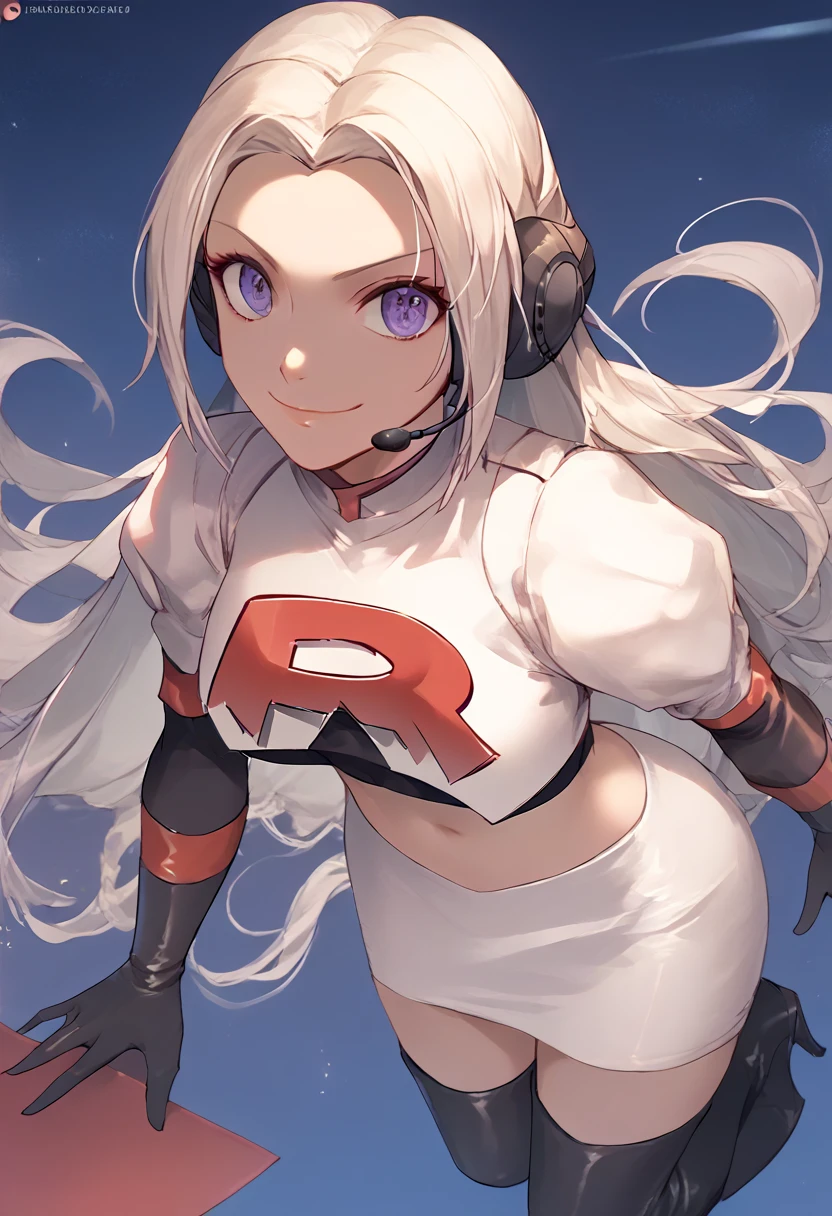 Team rocket, team rocket uniform, red letter R, white skirt,white crop top,black thigh-high boots, black elbow gloves, evil smile, night sky background, headset, large breasts, high-heeled boots, Edelgard, white hair, purple eyes