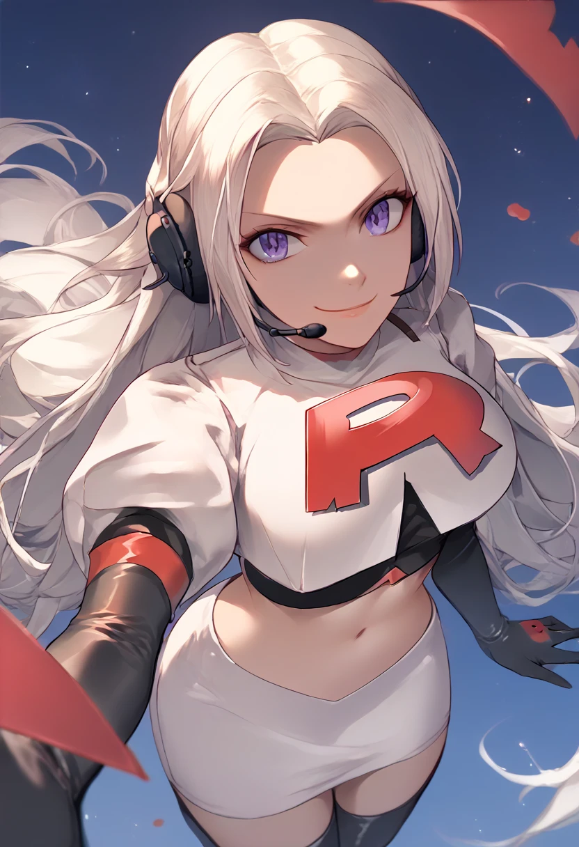 Team rocket, team rocket uniform, red letter R, white skirt,white crop top,black thigh-high boots, black elbow gloves, evil smile, night sky background, headset, large breasts, high-heeled boots, Edelgard, white hair, purple eyes