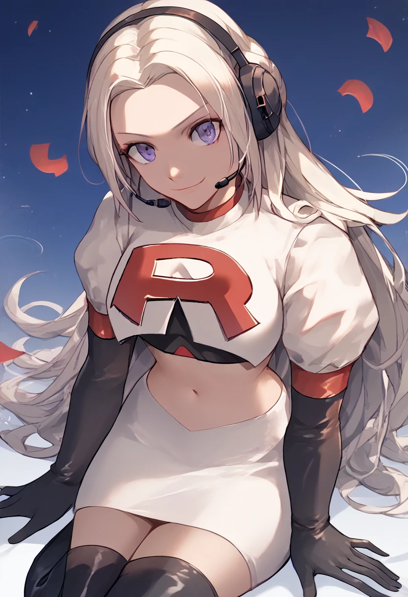 Team rocket, team rocket uniform, red letter R, white skirt,white crop top,black thigh-high boots, black elbow gloves, evil smile, night sky background, headset, large breasts, high-heeled boots, Edelgard, white hair, purple eyes