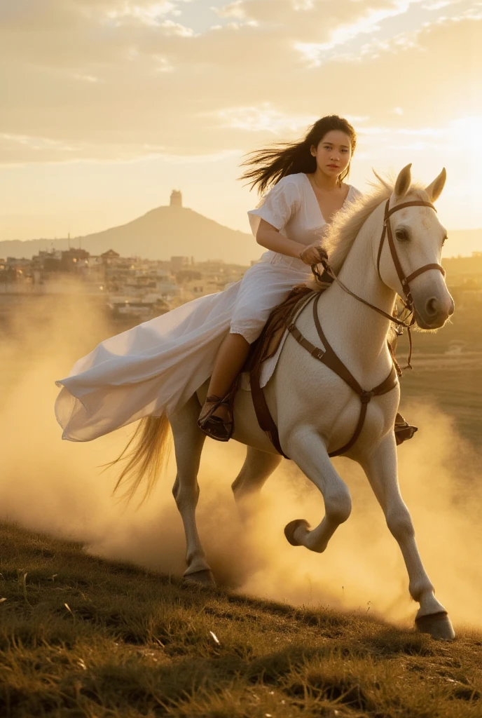 A young girl in a flowing Greek chiton dress riding a galloping horse, drawing a bow with arrow ready to fire, dynamic action shot, ancient Greek-inspired scene, windswept fabric, long hair streaming behind, determined expression, sunlit plains, distant Acropolis, detailed illustration, motion blur, dust clouds, golden hour lighting, epic composition, archery pose, Amazon warrior style, high detail, 4k resolution