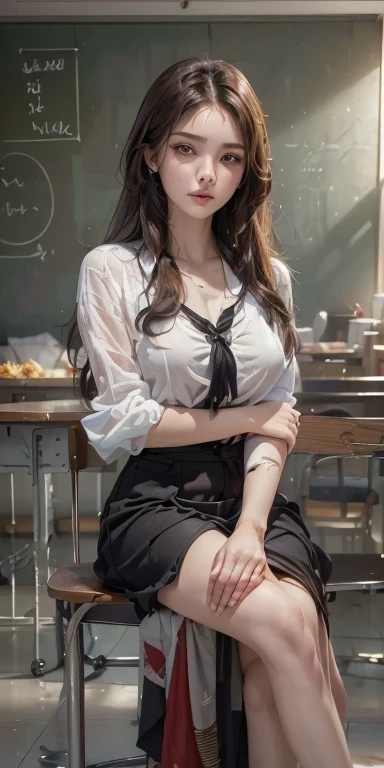 arafed asian woman in a school uniform sitting on a desk, a picture inspired by Ma Yuanyu, tumblr, realism, with long hair and piercing eyes, ulzzang, wan adorable korean face, young adorable korean face, beautiful anime high school girl, a hyperrealistic schoolgirl, jaeyeon nam, hyperrealistic schoolgirl, with cute doting eyes