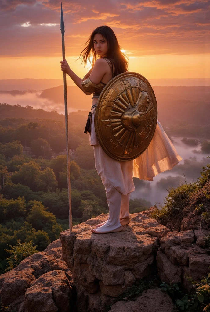 Create an epic scene where a beautiful Amazon stands on top of a cliff overlooking wild jungles. She has long black hair flowing in the wind and shining bronze armor adorned with ancient symbols. In her hands, she holds a long spear, and behind her hangs a shield featuring a mythical beast. Below, in the jungle, her warrior sisters and wild horses are ready for battle. The sky is painted in deep orange and purple hues of sunset, giving the scene a sense of grandeur and power.