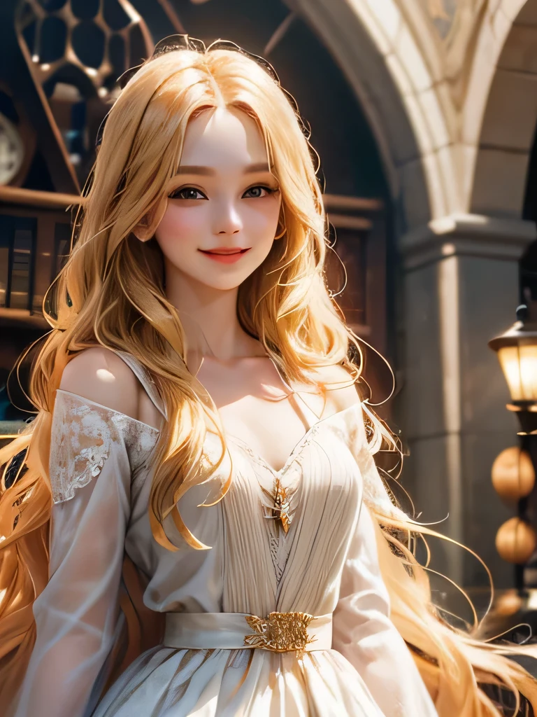 A girl, long blonde, wavy hair, no bangs and grey eyes. She wears a day pink dress, beautiful girl, detailed eyes, detailed face, detailed hands, she looks at the viewer. Full figure. Background mountains