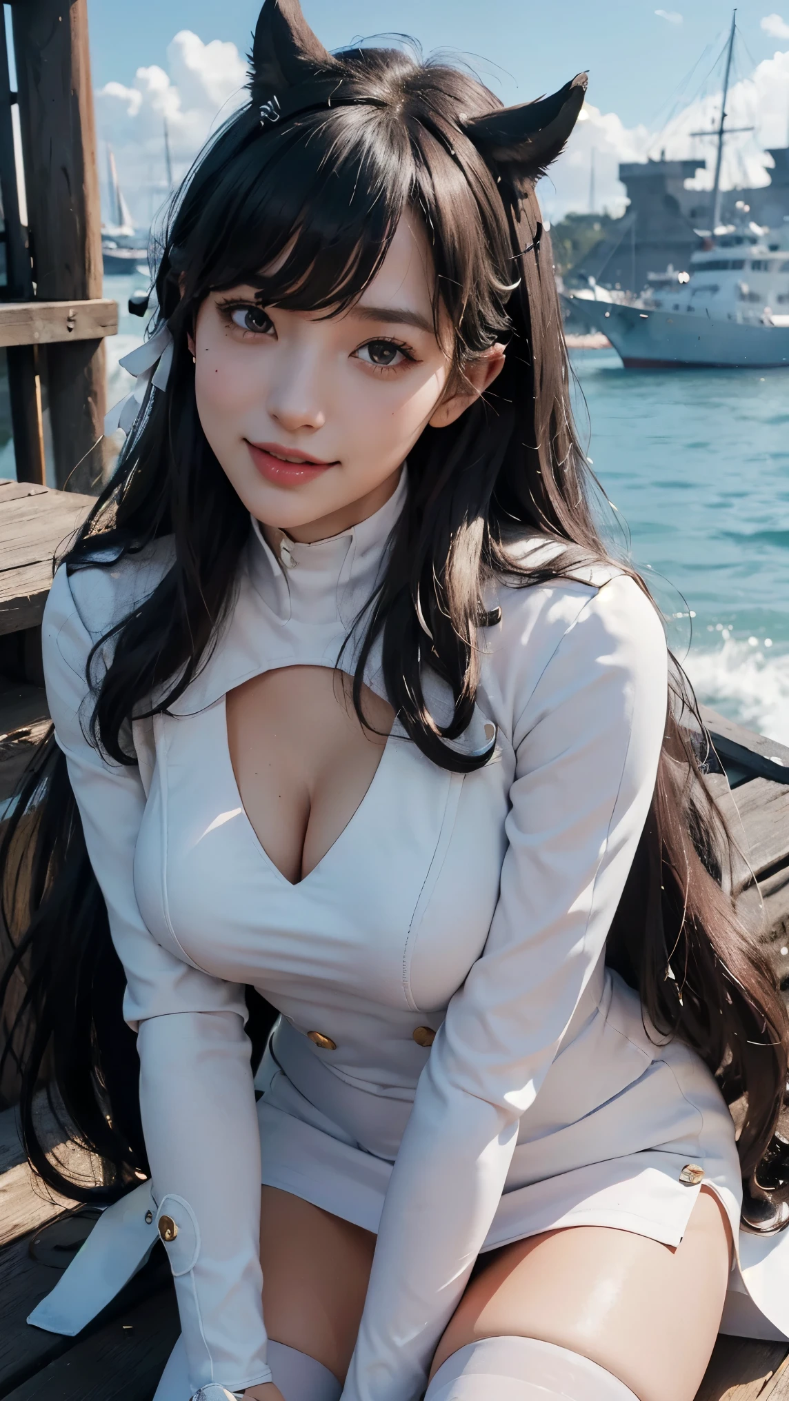 Atago,(best qualityer,4K,8k,high resolution,work of art:1.2)(weather: midday), Mondstadt bay background, battleship deck, white navy jacket, white tight mini skirt, white gloves, dark stockings, horse ears, cheek mole, long straight hair, dark hair, ultra detailed, realistic,portraite,beautiful detailed honey eyes, glowing eyes,blush,beautiful detailed lips,extremely detailed eye and face, long eyelashes,sexly,average, large breasts,beaming smile, sexy smile,powerful girl, flirty pose, stunning curves,bright coloured,dramatic lighting,