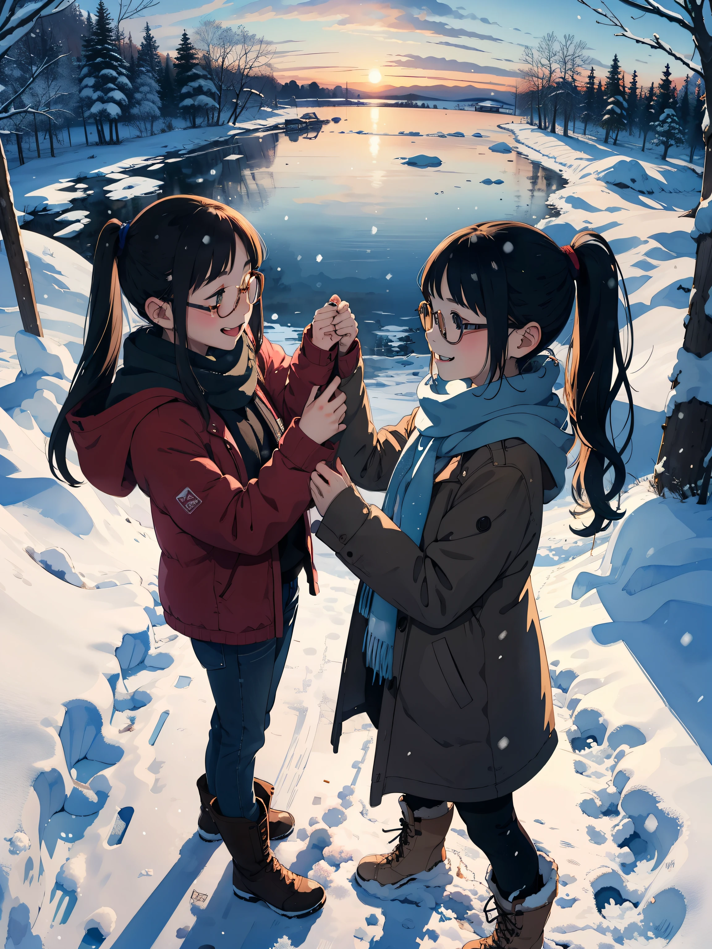 masterpiece， best quality ，  high image quality  ，(Ultra flat ,  Flat shadows )，鱼 glasses头， beautiful short well-trained young mother and very lovely trained daughter:1.25，  warm scarf ， (naked)， long hair,  glasses，boots,  Smile,  Smile, White Breath，pleasure, Play, winter, snow, 新snow，dusk， beautiful sunset ，Wide Angle,  Vibrant Colors , watercolor, Ghibli style，[Strong wind，girl&#39;The temptation ，