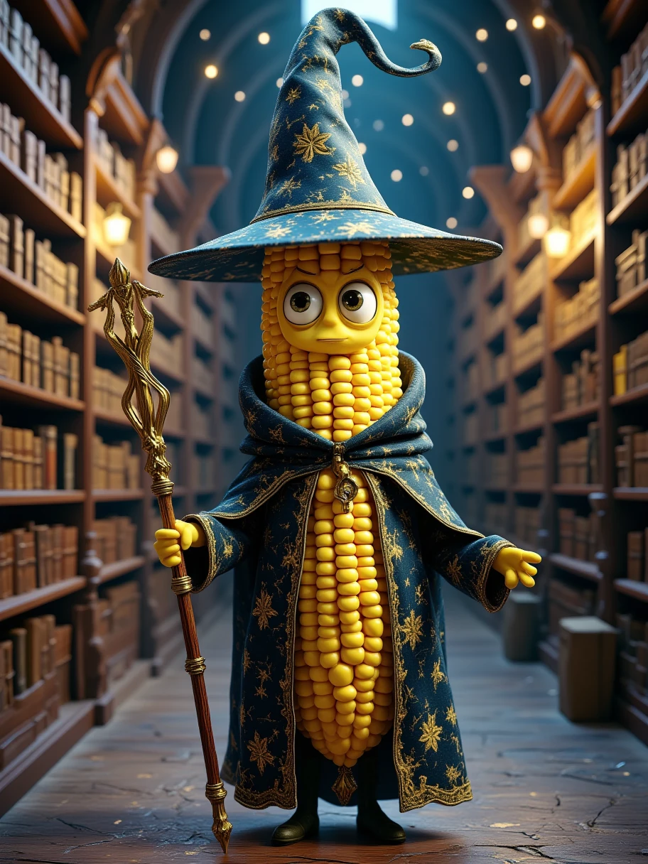 Extra Long Shot,  A human-like corn ， Wearing a mysterious mage costume ， The background is an ancient magical library 。 The character has wise eyes ， expression calm and calm 。 holding a magic wand ， with golden lines wrapped around the staff 。 The background is an ancient magical library ， The bookshelf is filled with ancient books ， The faint light illuminates the room ， creates a mysterious 、Ambience of knowledge 。 grain texture of corn 、 including a tall magic hat and a robe {x} The light makes this character full of intelligence，Calm personality。Realism，photography，Blind Box，Disney，3D Rendering，C4D，OC Renderer，Full body portrait