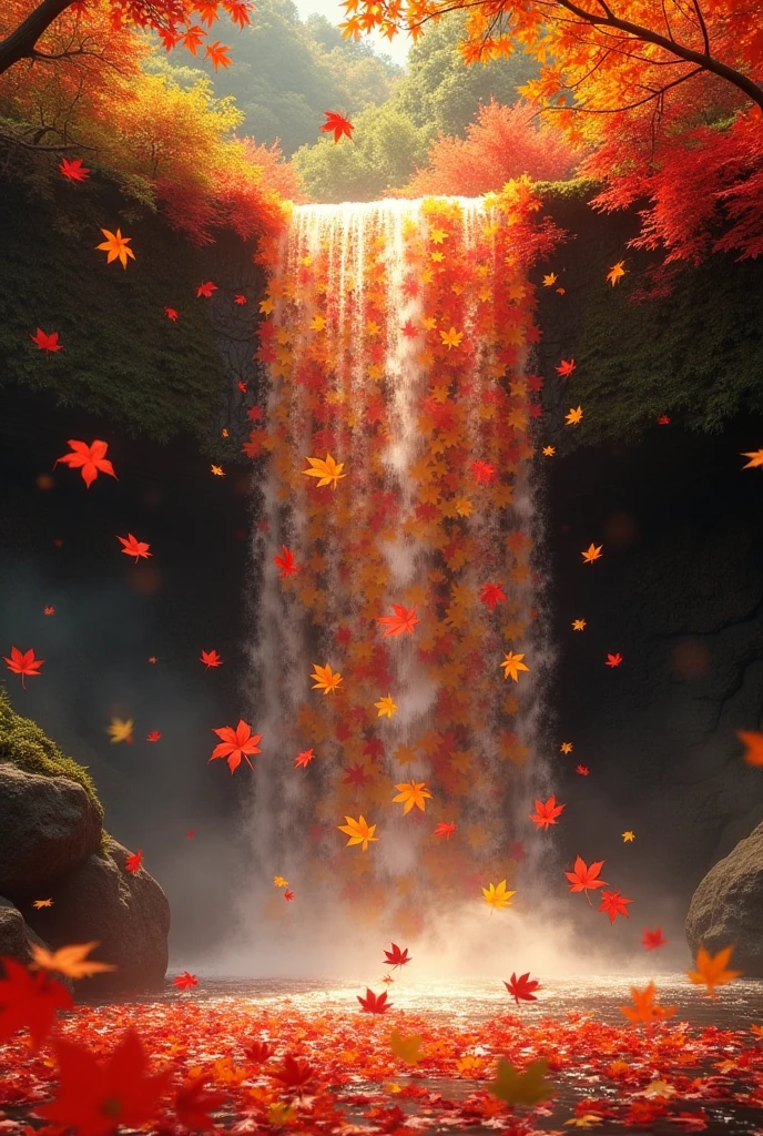 A waterfall of falling maple leaves, with the leaves blurring together to mimic the appearance of flowing water. Autumn colors, detailed, realistic
