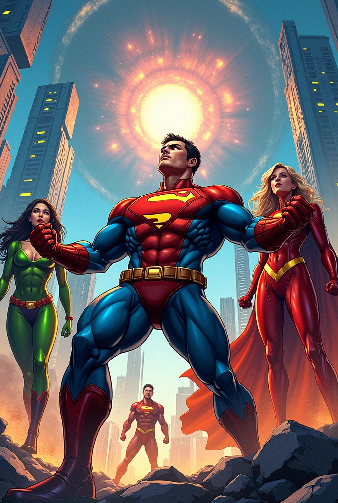 Zatanna from Justice League Unlimited fighting as a team with Waverider from Justice League Unlimited and Superboy from Justice League Unlimited against Grey robots in an animated series style with a city background.