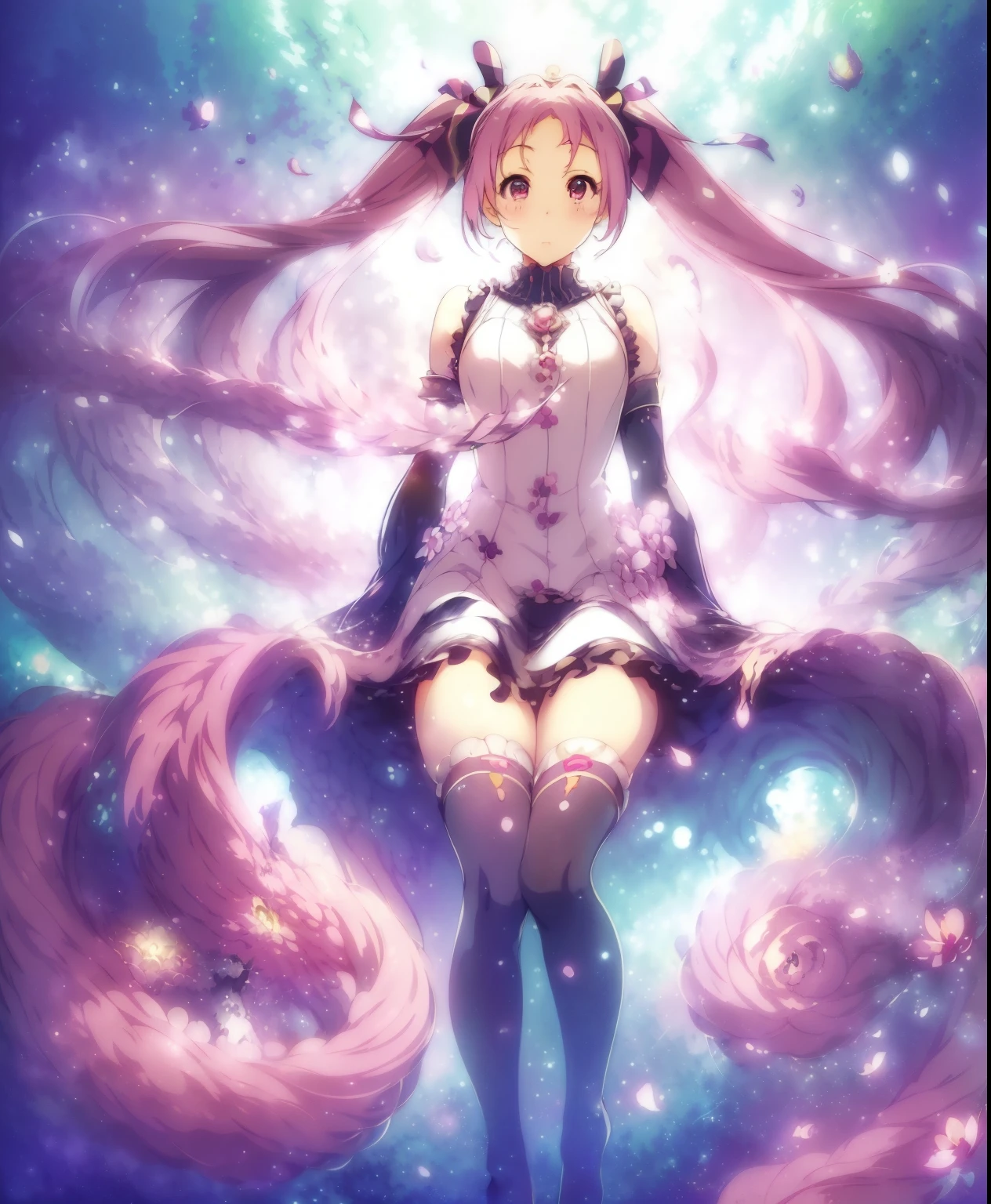 (masterpiece、 best quality、 best quality、 Official Art、 beautiful and beautiful :1.2)、( one girl:1.3) Hatsune Miku 、 twin tails, Beautiful breasts,(( Masterpiece , best quality)), (Negative Space : 1.2), ( 1 girl, Alone: 1.4), flowerびら, Pink Eye, Dragon Girl, length, purple hair , high ponytail, Liquid Hair, flower, Dragon Background