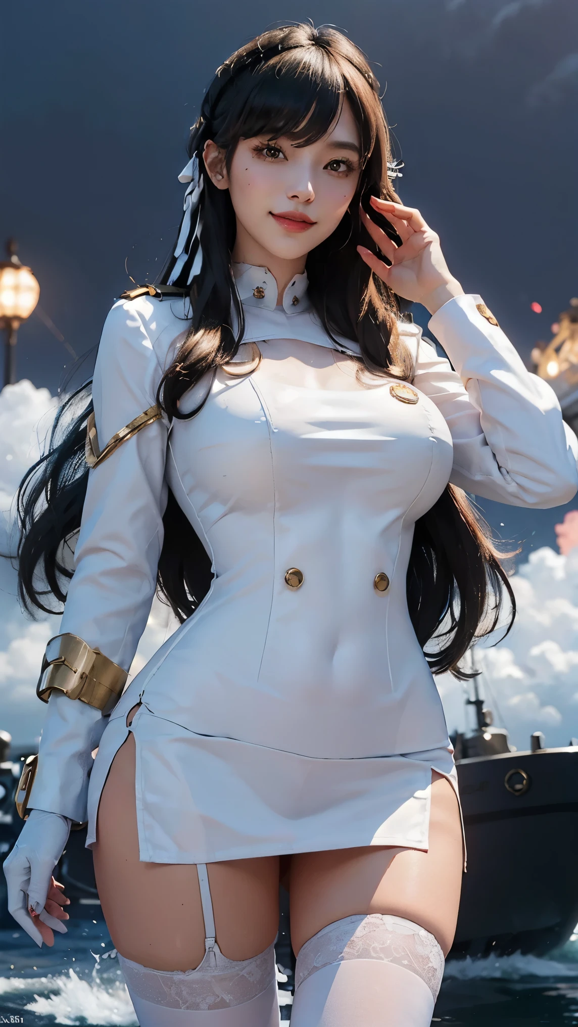 Atago,(best qualityer,4K,8k,high resolution,work of art:1.2)(weather: midday), Mondstadt bay background, battleship deck, white navy captain jacket, white tight mini skirt, white gloves, dark stockings, horse ears, cheek mole, long straight hair, dark hair, ultra detailed, realistic,portraite,beautiful detailed honey eyes, glowing eyes,blush,beautiful detailed lips,extremely detailed eye and face, long eyelashes,sexly,average, large breasts,beaming smile, sexy smile,powerful girl, flirty pose, stunning curves,bright coloured,dramatic lighting,