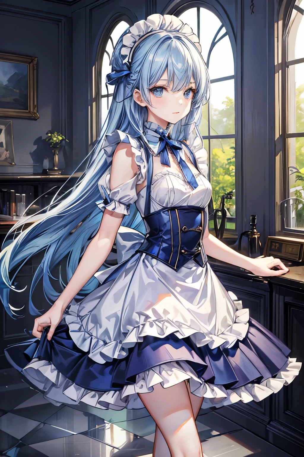 masterpiece, best quality, very detailed, pretty girl, teenager, smaller breasts, Thin Waist,long straight hair, blue hair , perfect eyes, so cute,slender, Blue Maid Outfit, long skirt ,Building Reception Room