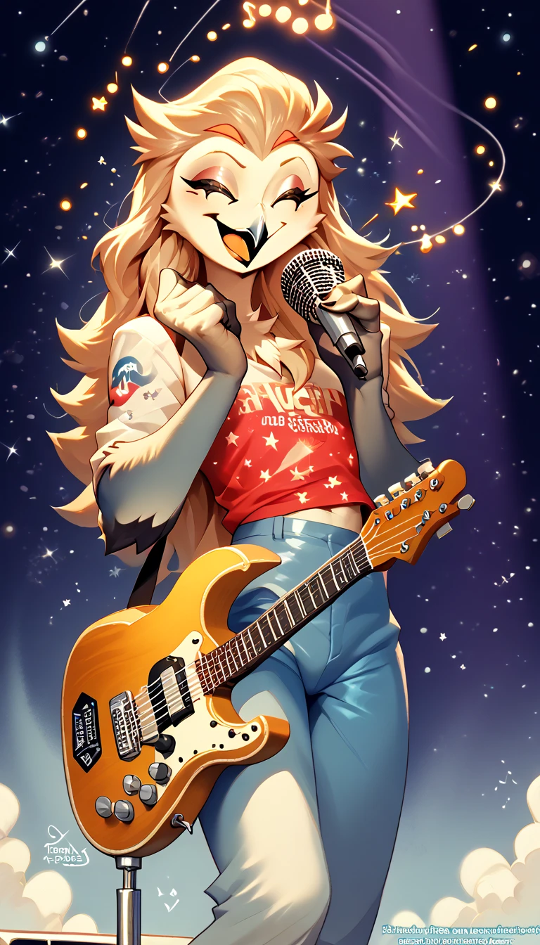 Cooler Stolas,long hair,singing,90’s hairstyle,star,buff,young,sexy clothes,tight outfit,pop rock,inspired by Elvis,guitar, fur-trimm,bird furry,funky city background 