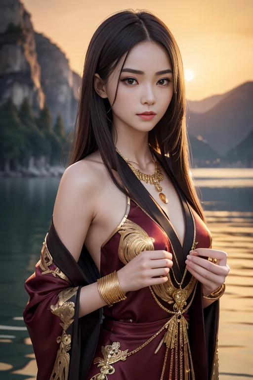 ((Surrealism, retina, masterpiece, accurate, anatomically correct, super detail, best quality, 8k, extremely precise in every detail, beautiful detailed glow, beautiful attention to detail, beautiful detailed eyes)), a Ancient Chinese female tactician, teenager, slender body, flat chest, beautiful face, light-brown hair, BREAK wearing a glossy burgundy Kimono-dress ornamented with black thread, (put gorgeous gold necklace and gold body chain on her), (anatomically correct hands, anatomically correct fingers), on a ancient lake