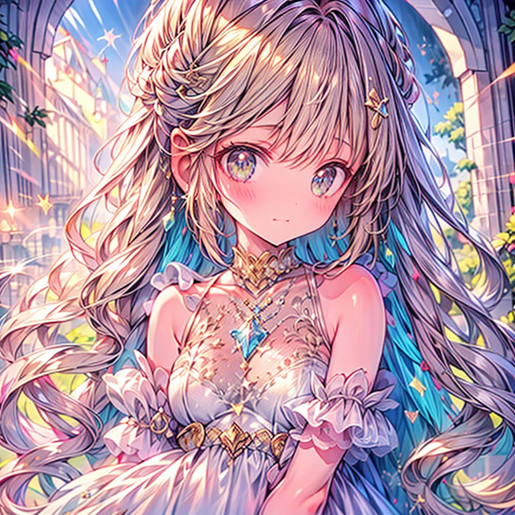 (Woman with rainbow hair),(Rainbow Hair), (colorful hair),Medium Chest,(colorfulな髪), colorful, (crystal),Shiny, Soft Light, Shiny Hair, Stunning iridescent hair and seductive eyes,Detailed face,Detailed eyes,Watercolor style、Infuse your artwork with dreamy quality, Dancing with a mixture of colors,
The girl's hair boasts a rainbow spectrum, Each hue seamlessly flows into the next,Detailed face, Fine grain, Simple white dress, crystalフラワー, Around the flower, Glass of flowers