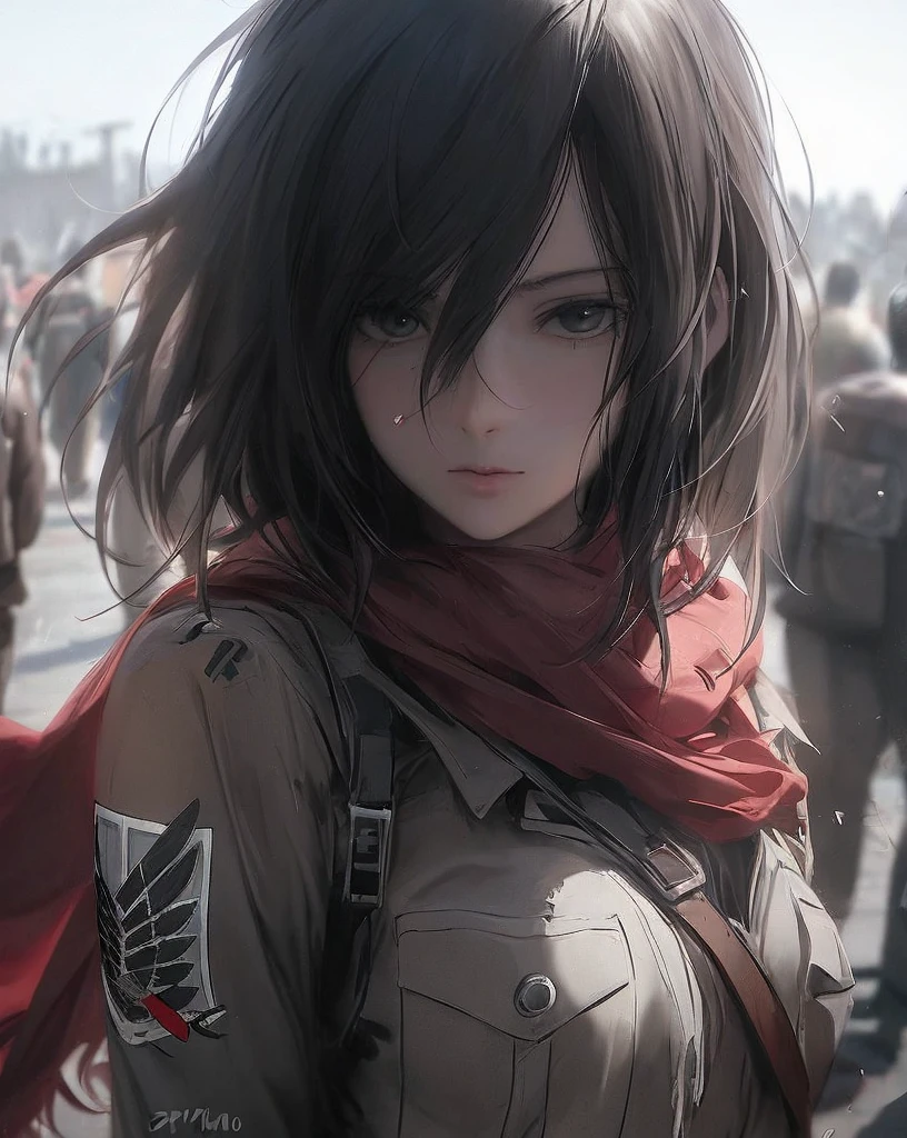  anime girl with long hair and red scarf standing in front of a crowd,  anime style 4K, 4k anime wallpaper, 4k anime wallpaper,  anime wallpaper 4k , Badass Anime 8k,  Animation Art Wallpaper 4K ,  Animation Art Wallpaper 4K , 4K cartoon wallpaper ,  Anime Art Wallpaper 8K ,  anime style. 8k, Anime characters Attack on Titan（ Mikasa Ackerman ）、