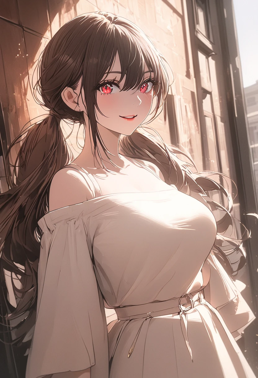 woman wearing a white off shoulder shirt and white skirt, standing outside a cafe, posing, pretty lipstick, gentle smile, natural lighting, high quality, detailed painting,8k, cinematic, warm colors, soft lighting, golden hour, elegant, fashion, lifestyle, editorial, whole body, ft colors, pastel colors, warm tones, full body shot, whole body, black high heels,full body shot, dynamic pose, big breasts, muted colors, skin pores, score_9, score_8_up, score_7_up, (sfw), (cowboy shot, dutch angle:1.2), 1girl, solo, mature female, thigh strap, hutao, long hair, bangs, brown hair, red eyes, hair between eyes, twintails, sidelocks, symbol-shaped pupils, mismatched gloves,
